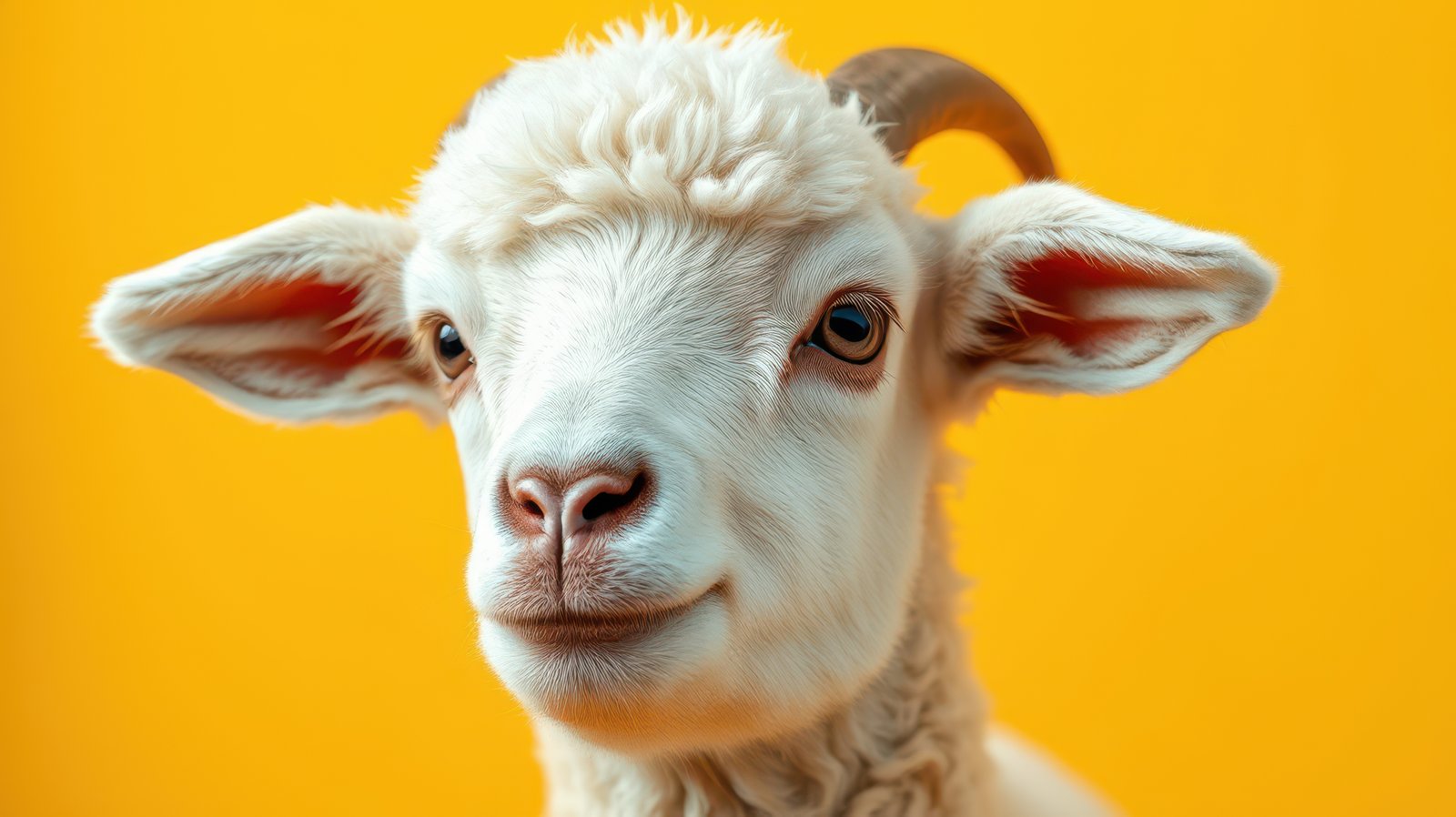 Playful young goat with fluffy white fur poses against a vibrant yellow background, showcasing its charming expression and curious eyes